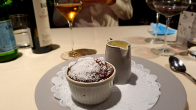 Chocolate soufflé with vanilla anglaise