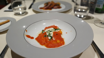 Lobster bauletti | ravioli filled with lobster, Roma tomato, fiordilatte cheese, marjoram